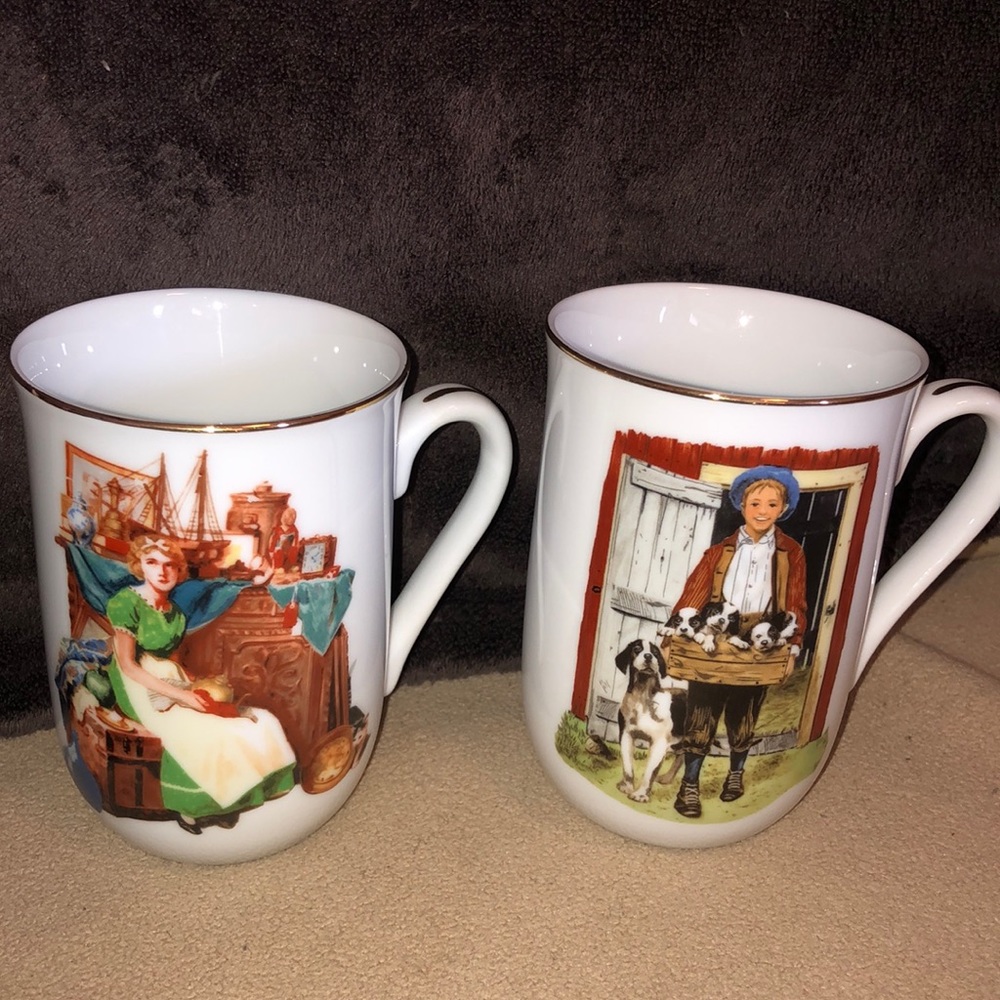 Vintage Norman Rockwell 1986 Museum Coffee Mugs Set of 2 Gold Trim Collectible